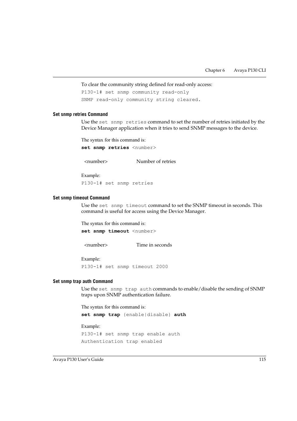 Set snmp retries command, Set snmp timeout command, Set snmp trap auth command | Set snmp retries command set snmp timeout command | Avaya P130 User Manual | Page 129 / 160