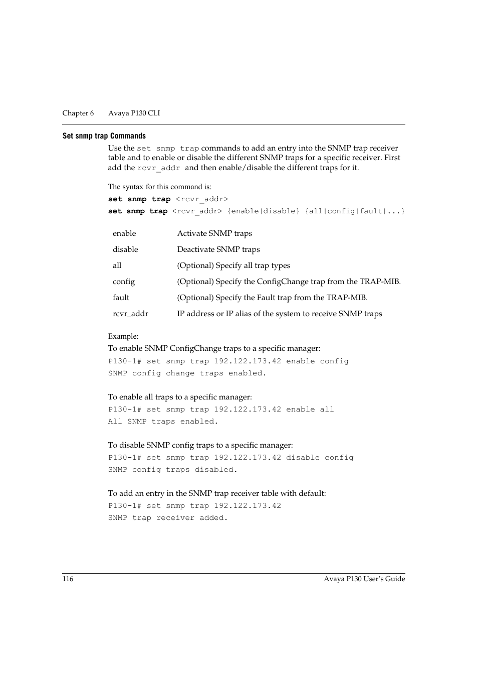 Set snmp trap commands | Avaya P130 User Manual | Page 130 / 160