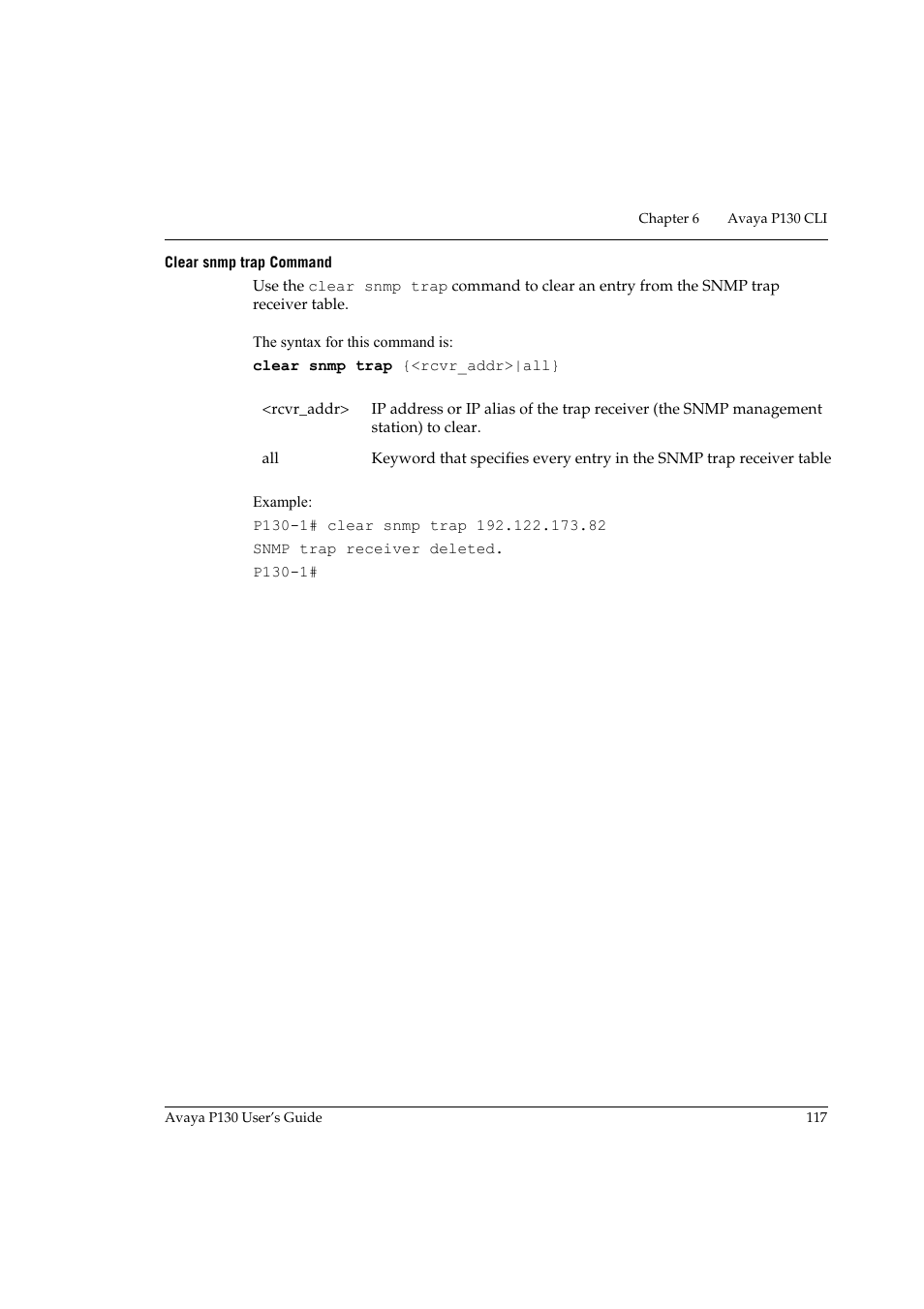 Clear snmp trap command | Avaya P130 User Manual | Page 131 / 160