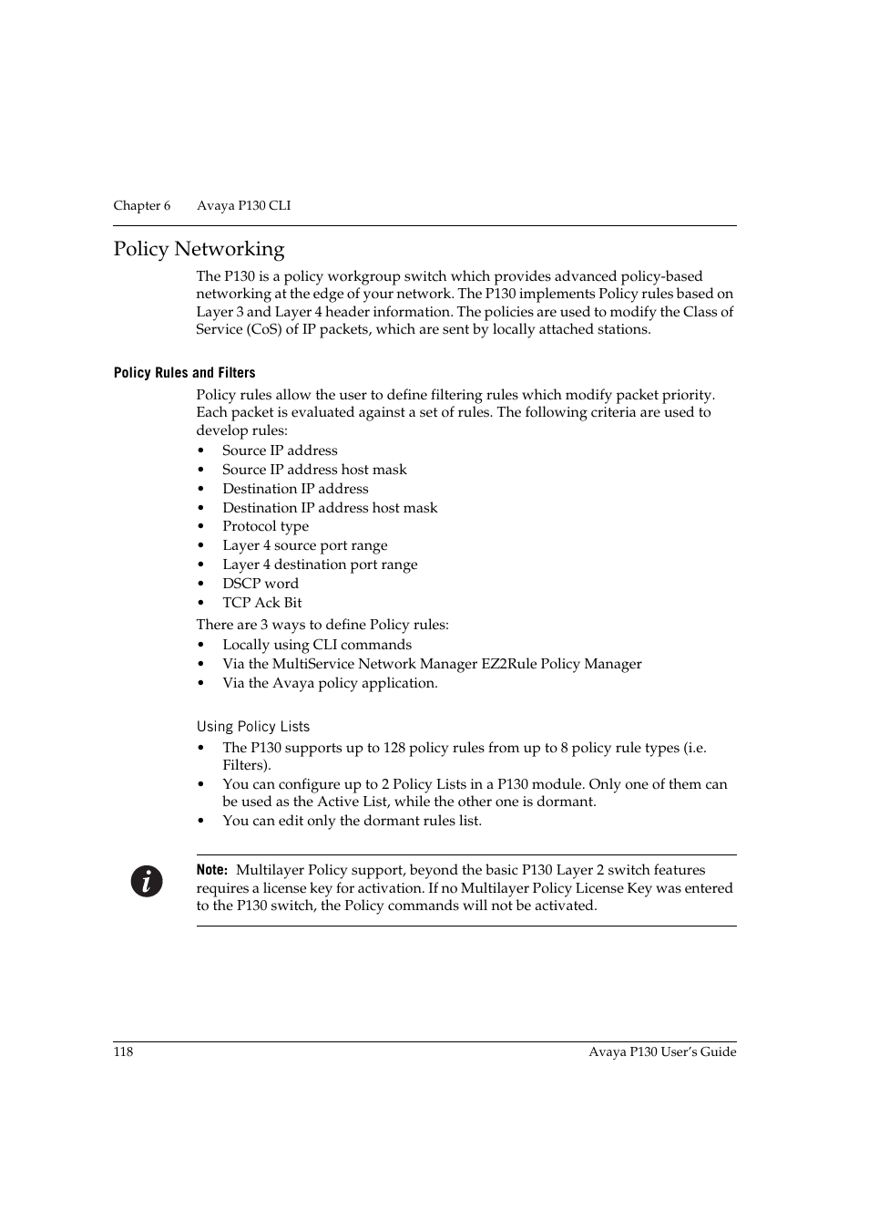Policy networking, Policy rules and filters, Using policy lists | Avaya P130 User Manual | Page 132 / 160