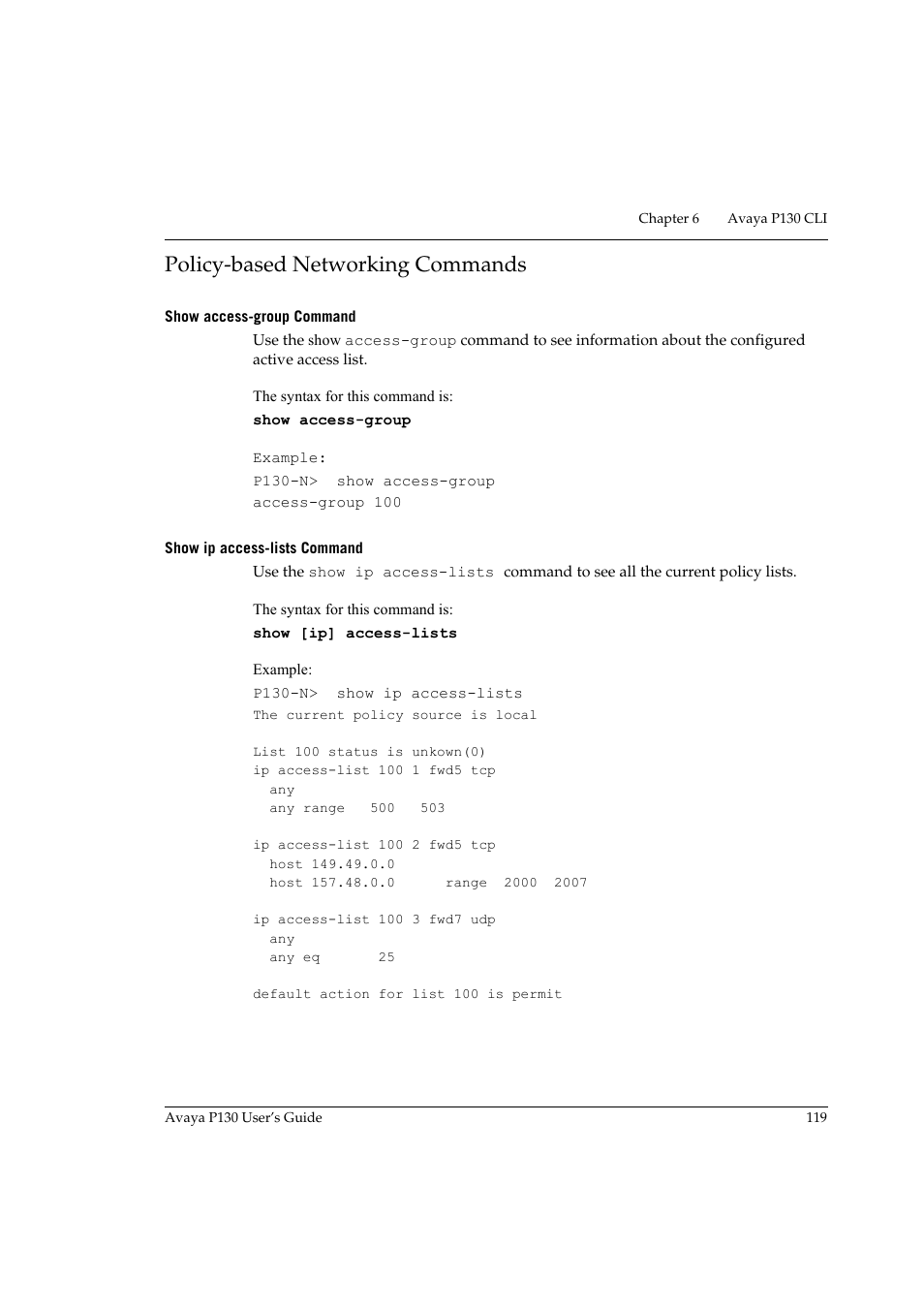 Policy-based networking commands, Show access-group command, Show ip access-lists command | Avaya P130 User Manual | Page 133 / 160