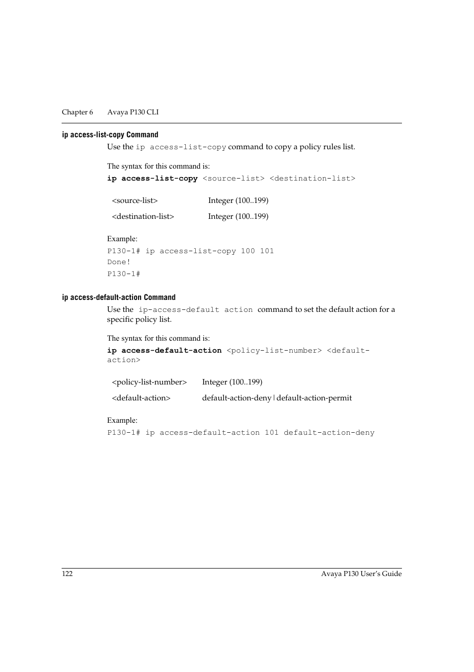 Ip access-list-copy command, Ip access-default-action command | Avaya P130 User Manual | Page 136 / 160