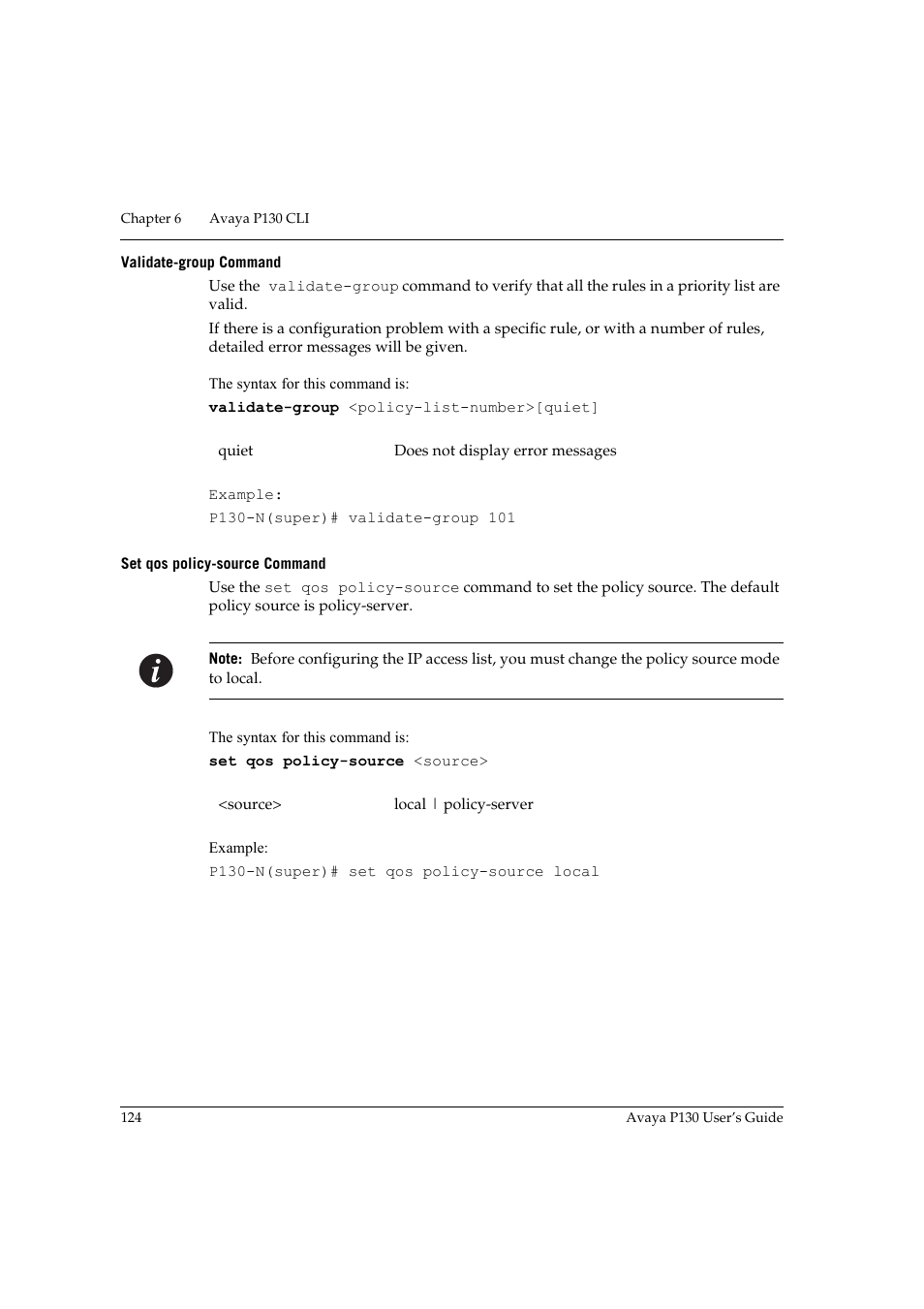 Validate-group command, Set qos policy-source command | Avaya P130 User Manual | Page 138 / 160