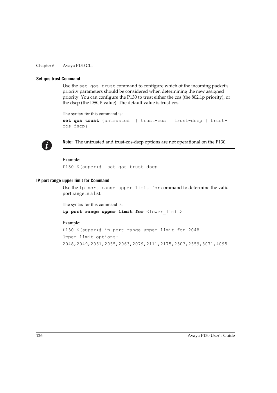 Set qos trust command, Ip port range upper limit for command | Avaya P130 User Manual | Page 140 / 160