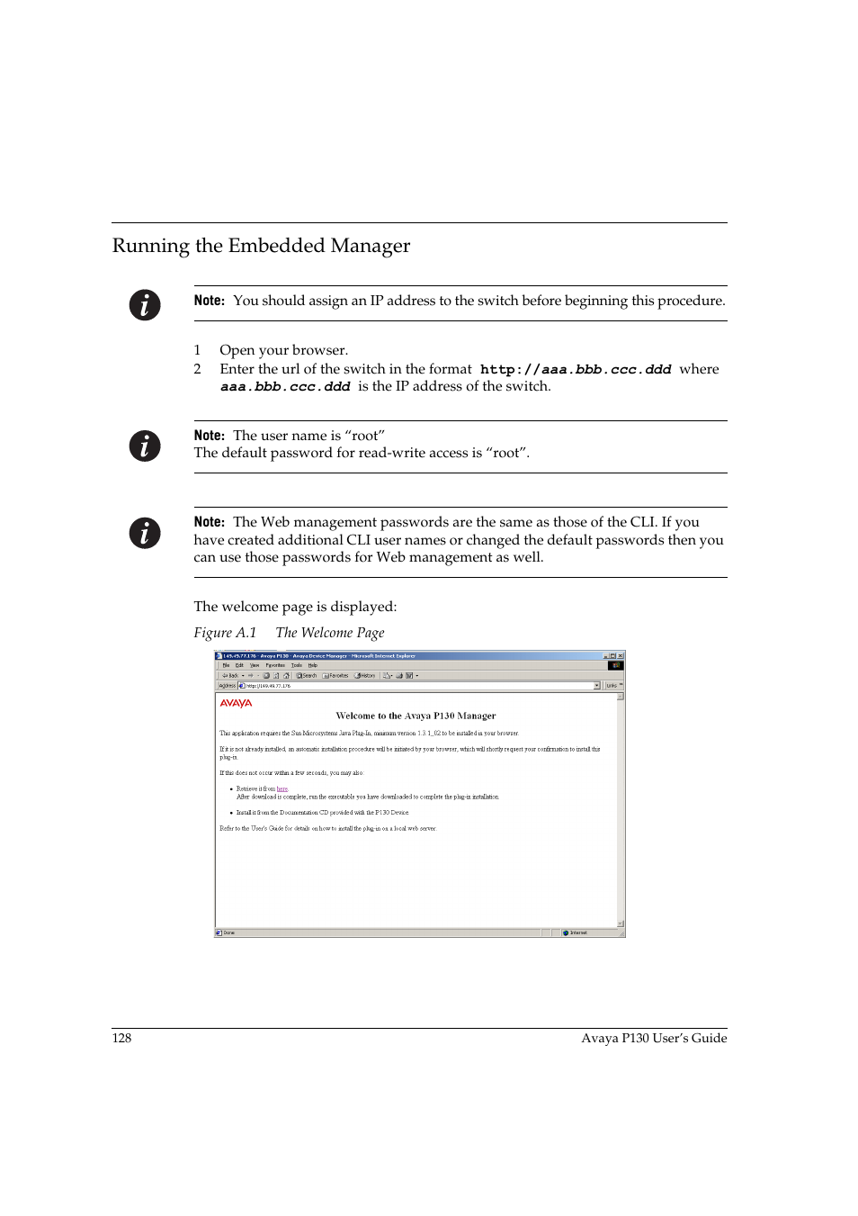 Running the embedded manager, Figure a.1 | Avaya P130 User Manual | Page 142 / 160