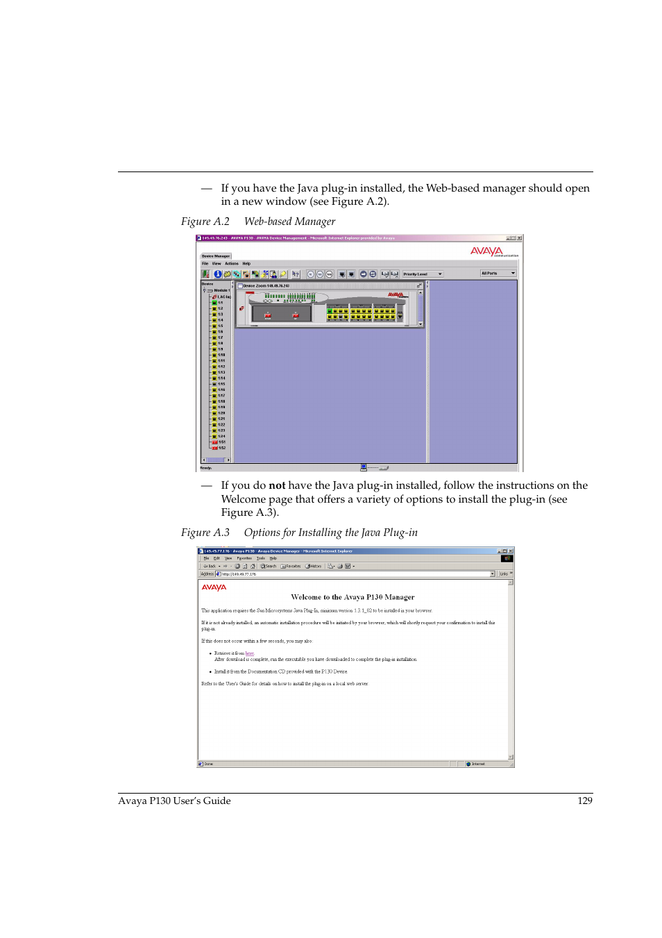 Figure a.2, Web-based manager, Figure a.3 | Options for installing the java plug-in | Avaya P130 User Manual | Page 143 / 160