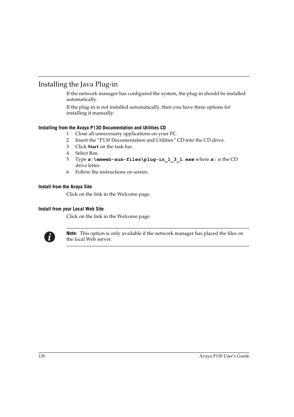 Installing the java plug-in, Install from the avaya site, Install from your local web site | Avaya P130 User Manual | Page 144 / 160