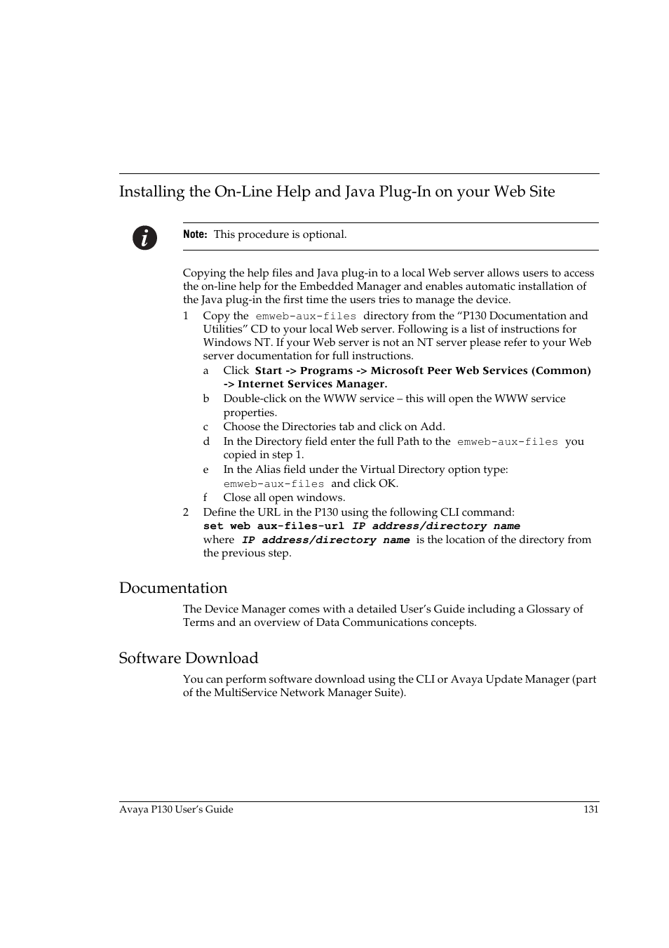 Documentation, Software download | Avaya P130 User Manual | Page 145 / 160