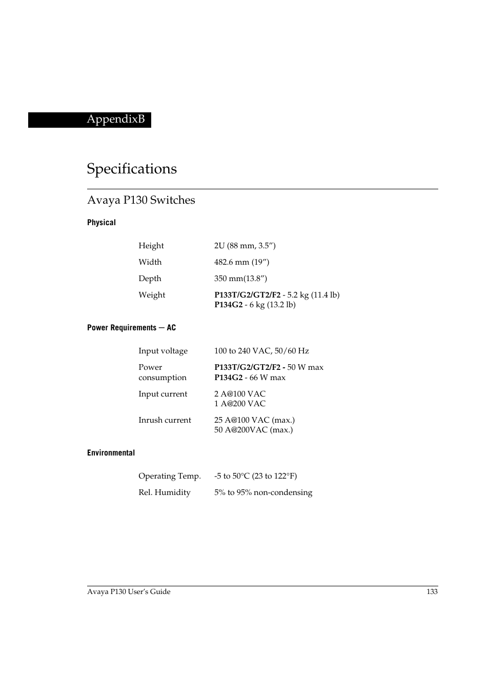 Specifications, Avaya p130 switches, Physical | Power requirements - ac, Environmental, Appendix b, Specifications avaya p130 switches, Physical power requirements – ac environmental | Avaya P130 User Manual | Page 147 / 160