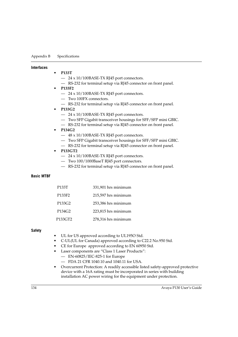 Interfaces, Basic mtbf, Safety | Interfaces basic mtbf safety | Avaya P130 User Manual | Page 148 / 160