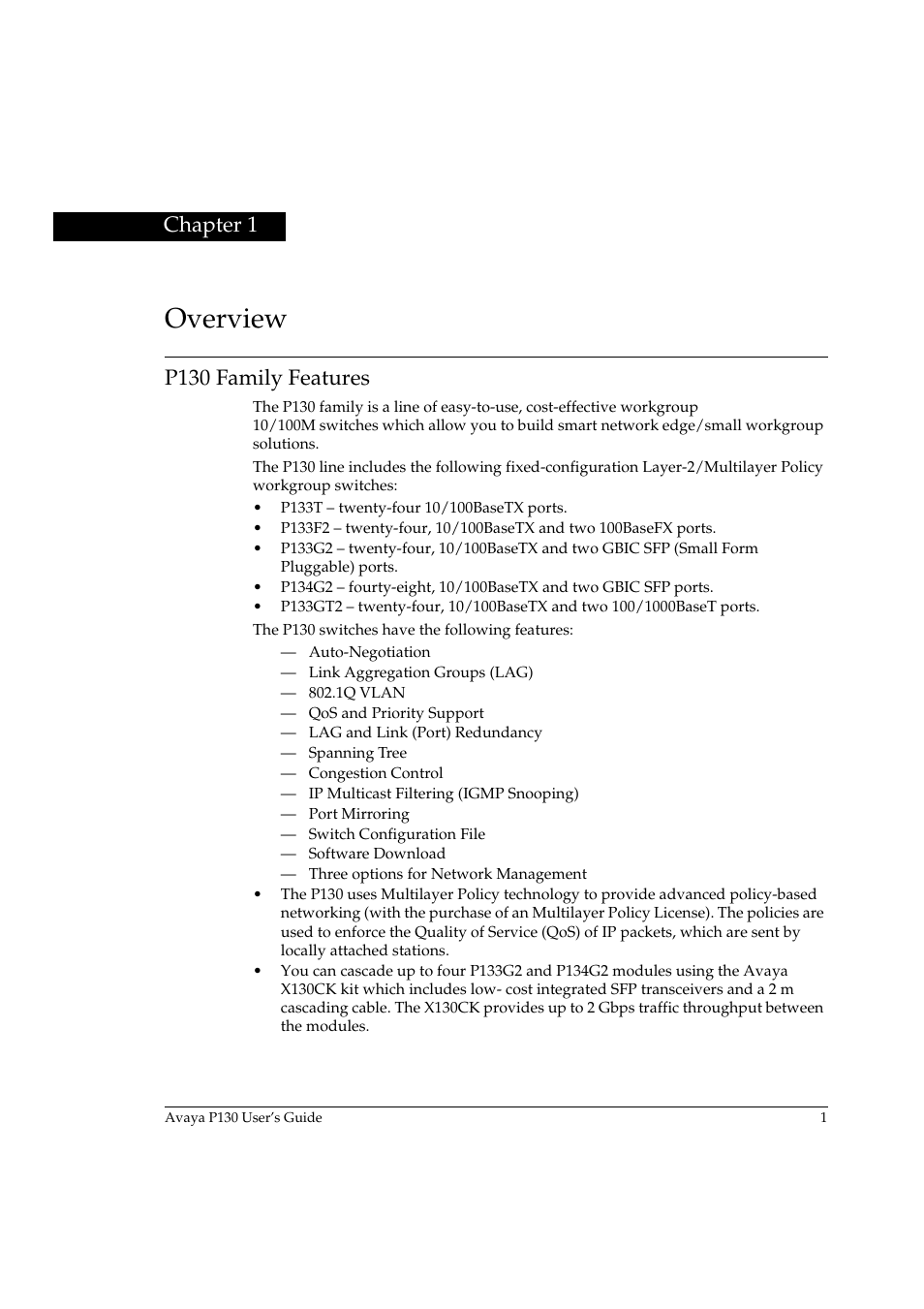 Overview, P130 family features, Chapter 1 | Overview p130 family features | Avaya P130 User Manual | Page 15 / 160