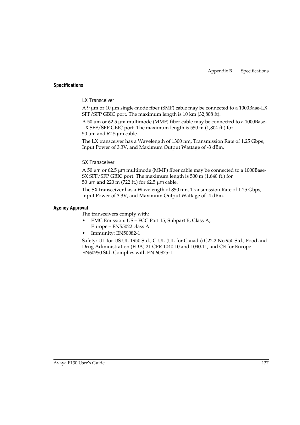 Specifications, Lx transceiver, Sx transceiver | Agency approval, Lx transceiver sx transceiver | Avaya P130 User Manual | Page 151 / 160