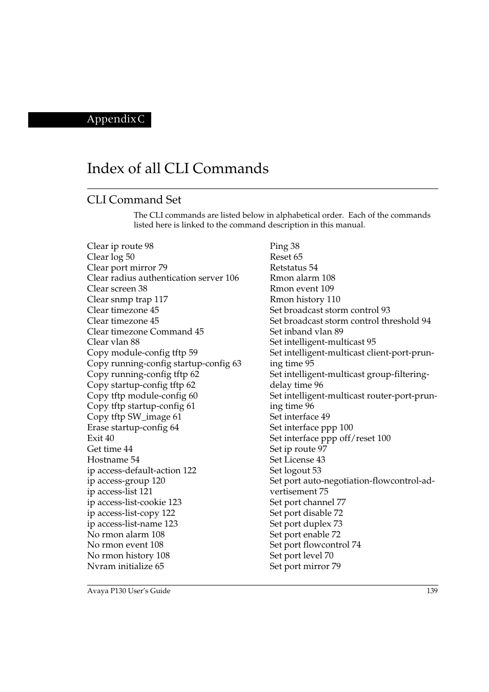 Index of all cli commands, Cli command set, Appendix c | Index of all cli commands cli command set | Avaya P130 User Manual | Page 153 / 160