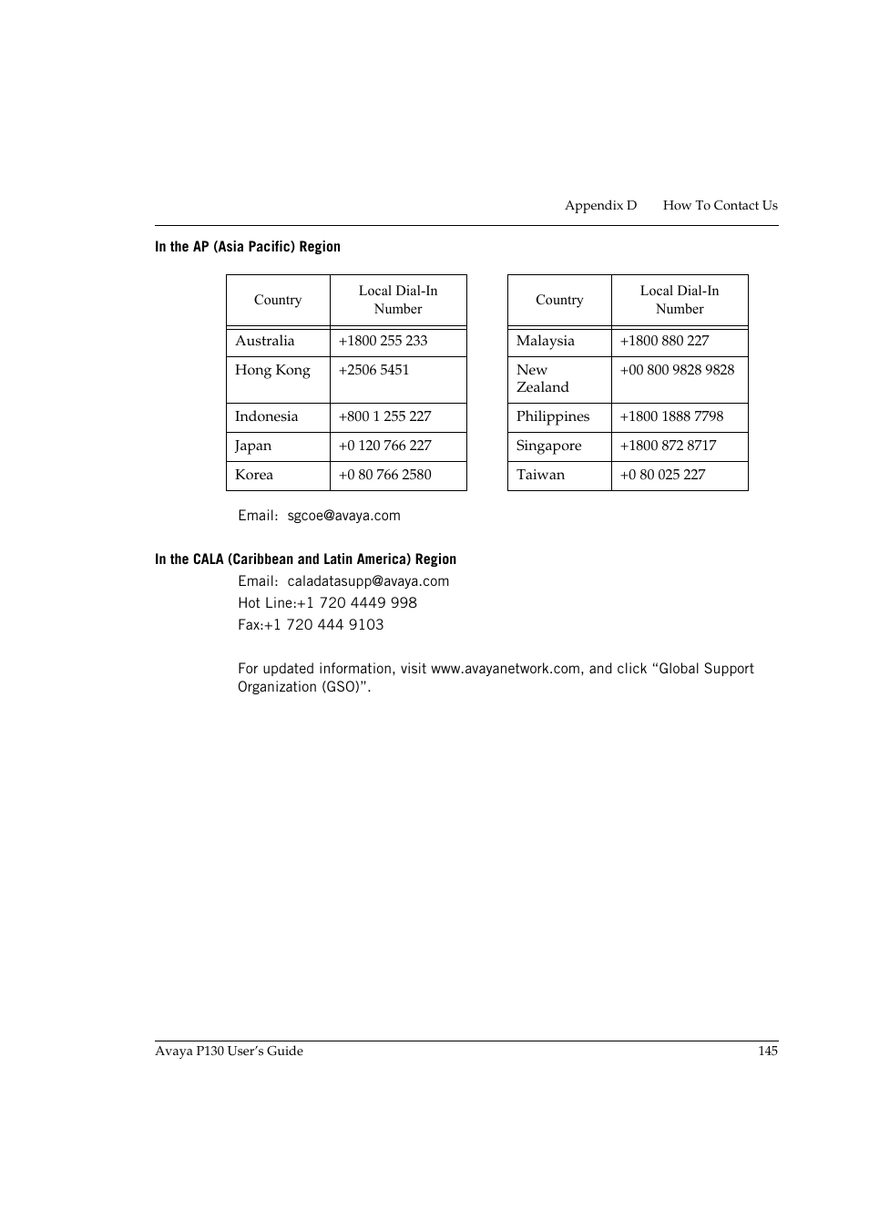 In the ap (asia pacific) region, In the cala (caribbean and latin america) region | Avaya P130 User Manual | Page 159 / 160
