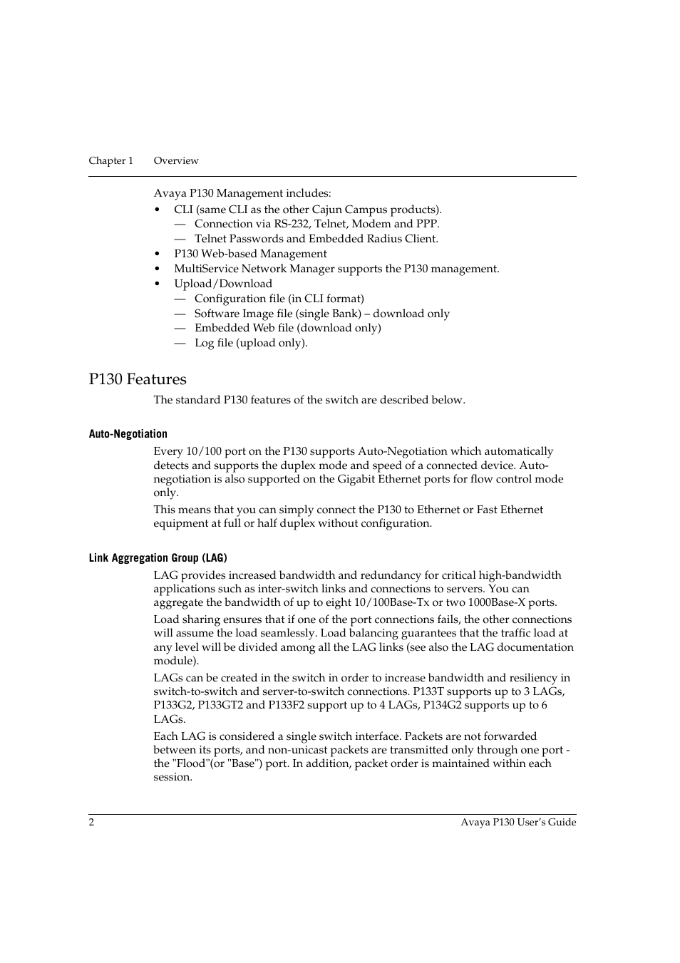 P130 features, Auto-negotiation, Link aggregation group (lag) | Auto-negotiation link aggregation group (lag) | Avaya P130 User Manual | Page 16 / 160