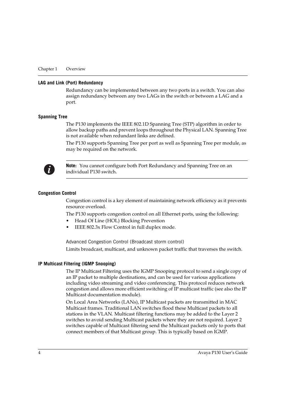Lag and link (port) redundancy, Spanning tree, Congestion control | Ip multicast filtering (igmp snooping) | Avaya P130 User Manual | Page 18 / 160
