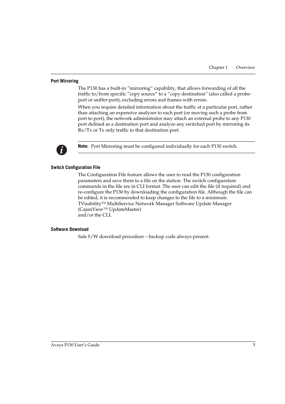 Port mirroring, Switch configuration file, Software download | Avaya P130 User Manual | Page 19 / 160