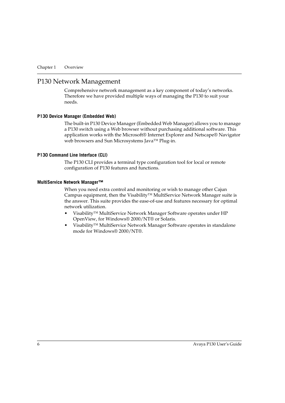 P130 network management, P130 device manager (embedded web), P130 command line interface (cli) | Multiservice network manager | Avaya P130 User Manual | Page 20 / 160