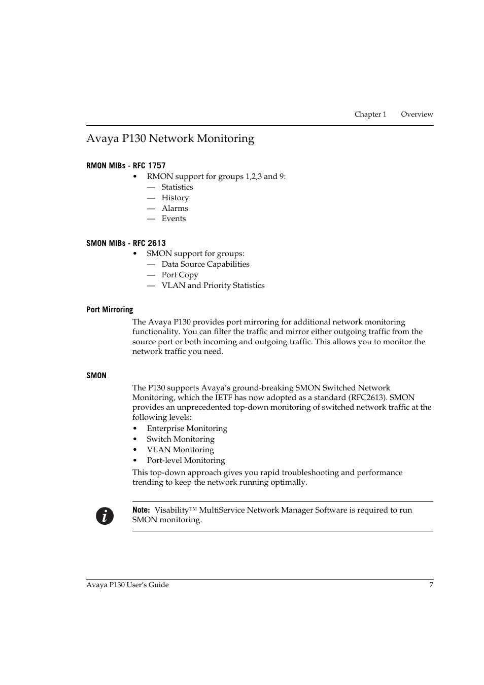 Avaya p130 network monitoring, Rmon mibs - rfc 1757, Smon mibs - rfc 2613 | Port mirroring, Smon | Avaya P130 User Manual | Page 21 / 160