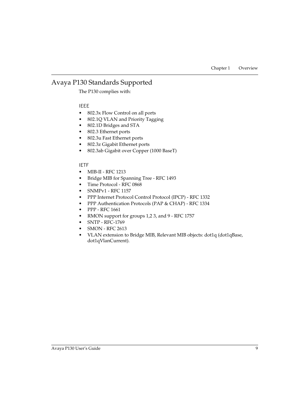 Avaya p130 standards supported, Ieee, Ietf | Ieee ietf | Avaya P130 User Manual | Page 23 / 160