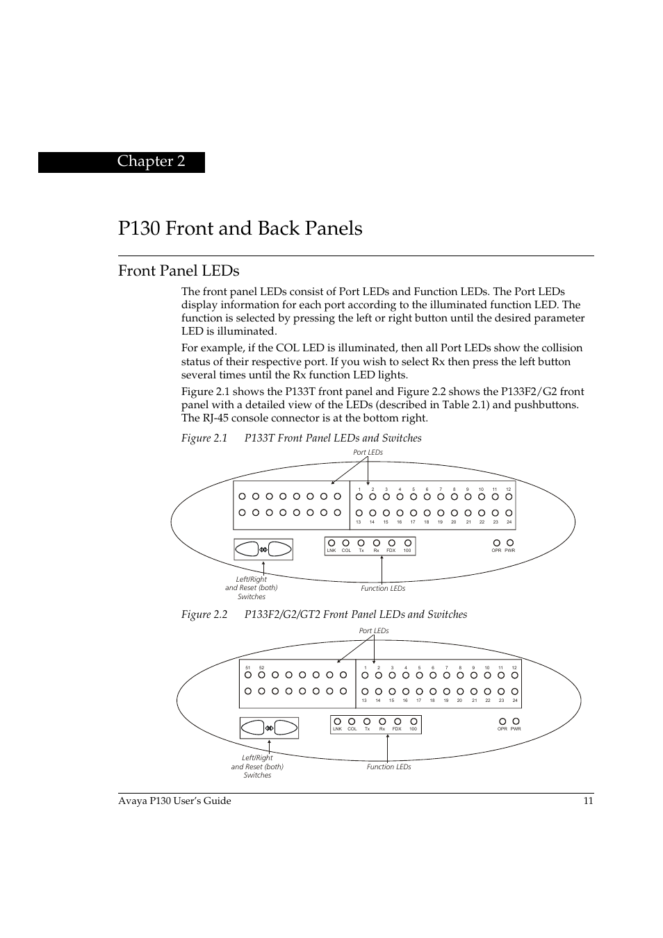 P130 front and back panels, Front panel leds, Chapter 2 | P130 front and back panels front panel leds, Figure 2.1, P133t front panel leds and switches, Figure 2.2, P133f2/g2/gt2 front panel leds and switches | Avaya P130 User Manual | Page 25 / 160