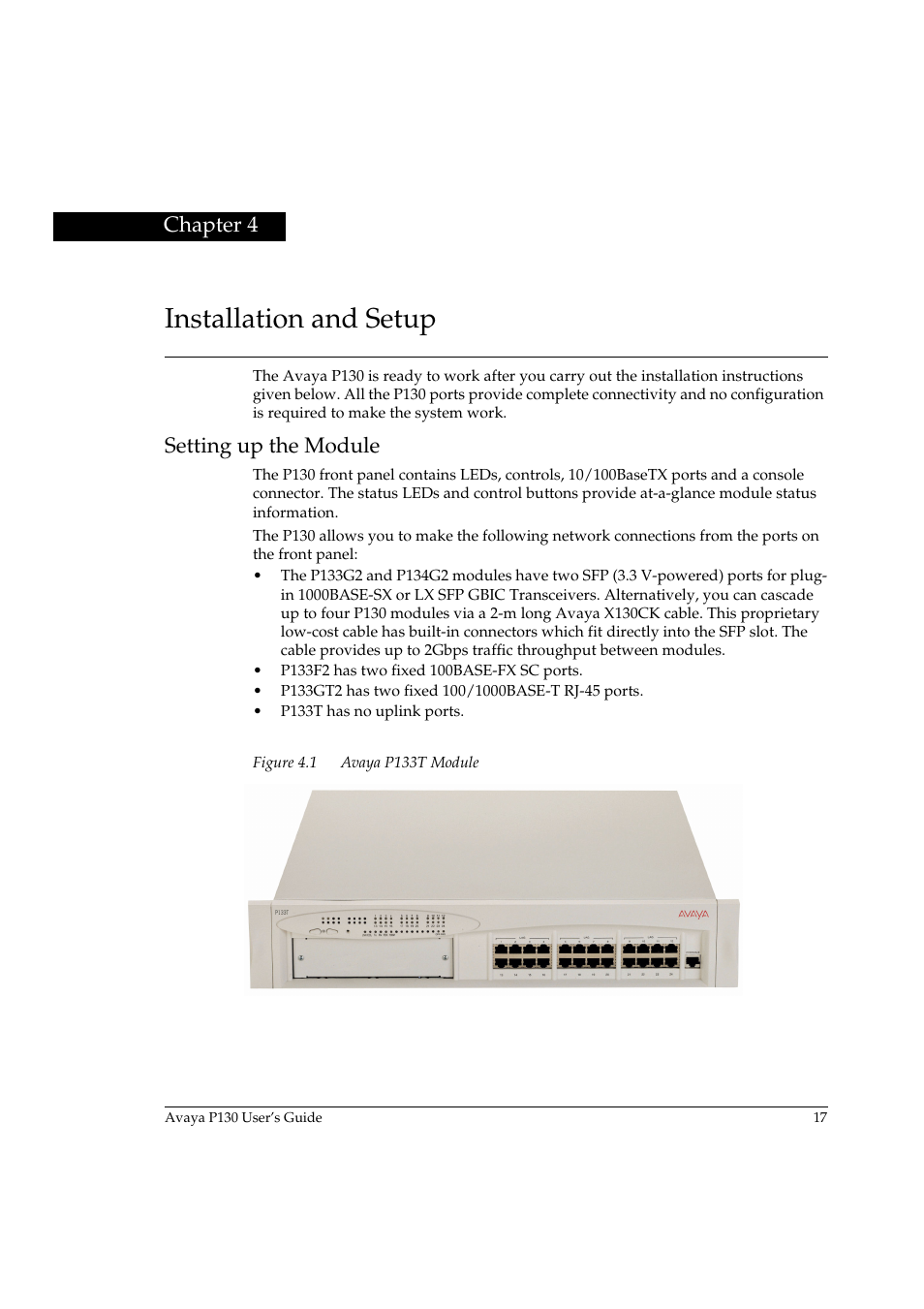 Installation and setup, Setting up the module, Chapter 4 | Installation and setup setting up the module, Figure 4.1, Avaya p133t module | Avaya P130 User Manual | Page 31 / 160