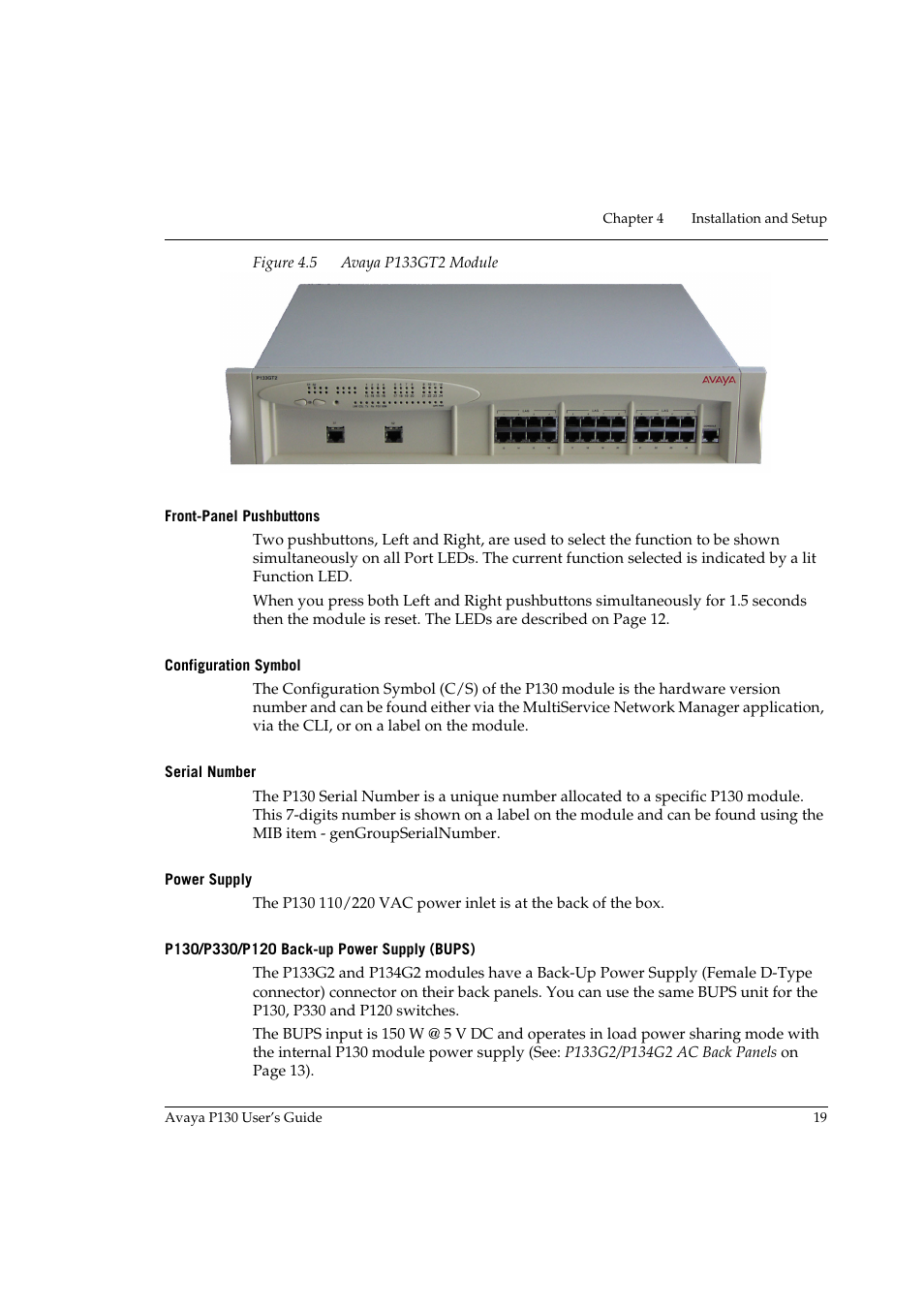 Front-panel pushbuttons, Configuration symbol, Serial number | Power supply, P130/p330/p120 back-up power supply (bups), Figure 4.5, Avaya p133gt2 module | Avaya P130 User Manual | Page 33 / 160