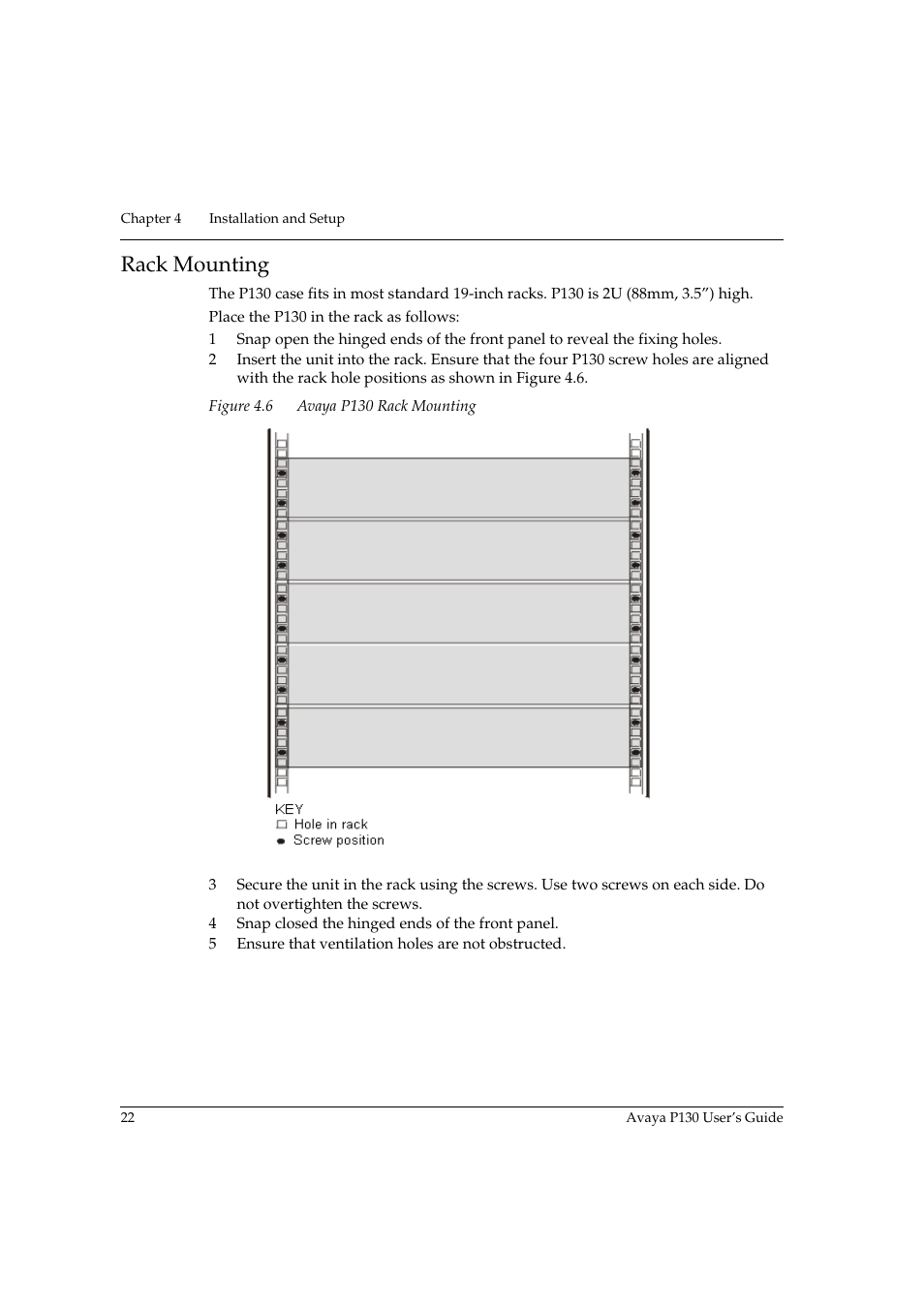 Rack mounting, Figure 4.6, Avaya p130 rack mounting | Avaya P130 User Manual | Page 36 / 160