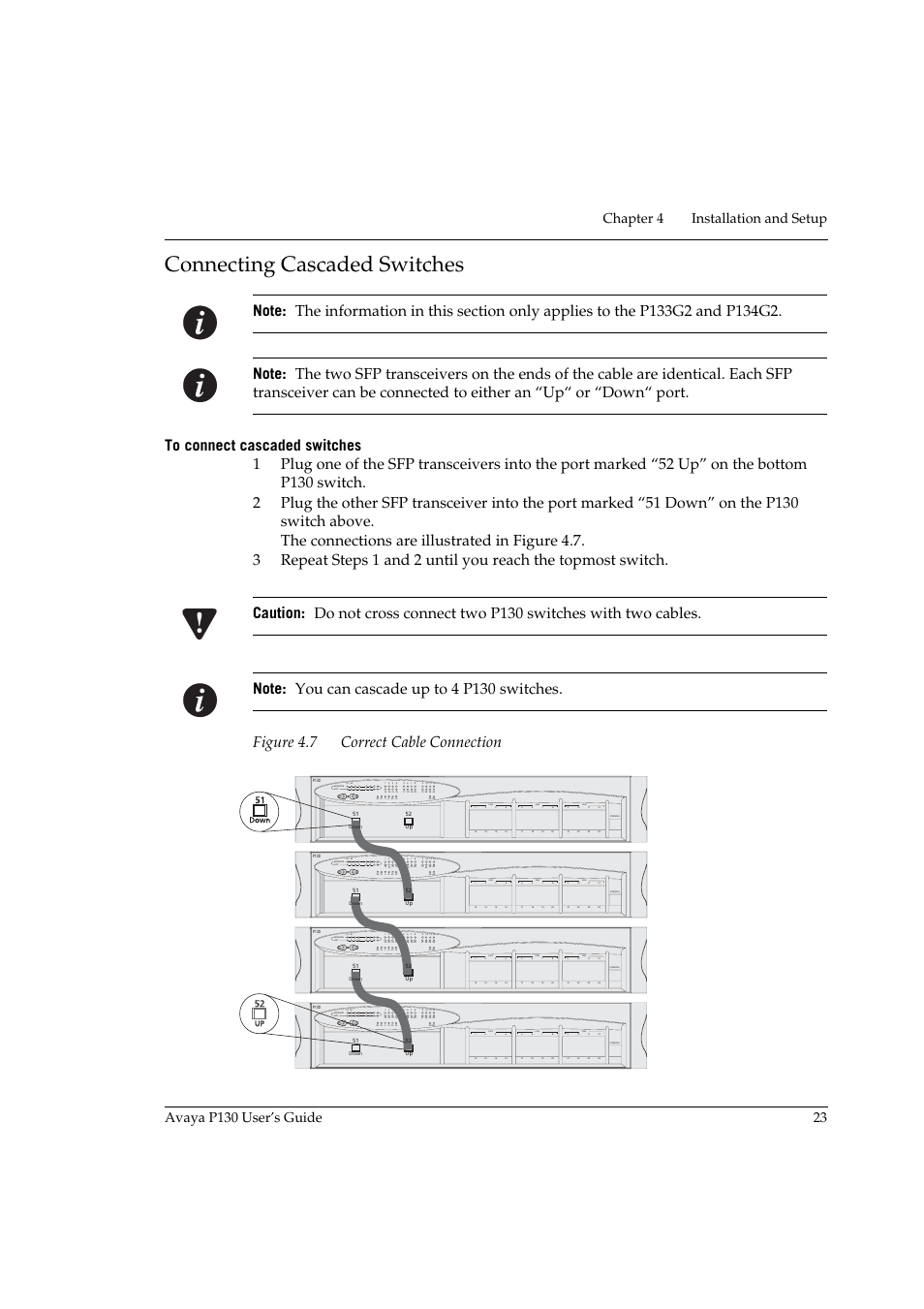 Connecting cascaded switches, To connect cascaded switches, Figure 4.7 | Correct cable connection, Up down | Avaya P130 User Manual | Page 37 / 160