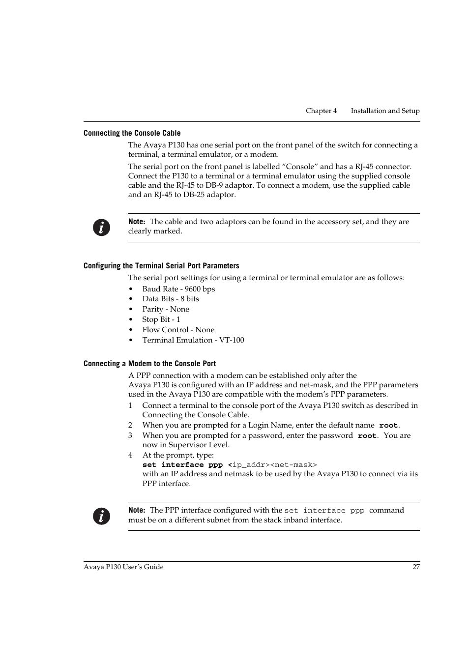 Connecting the console cable, Configuring the terminal serial port parameters, Connecting a modem to the console port | Avaya P130 User Manual | Page 41 / 160