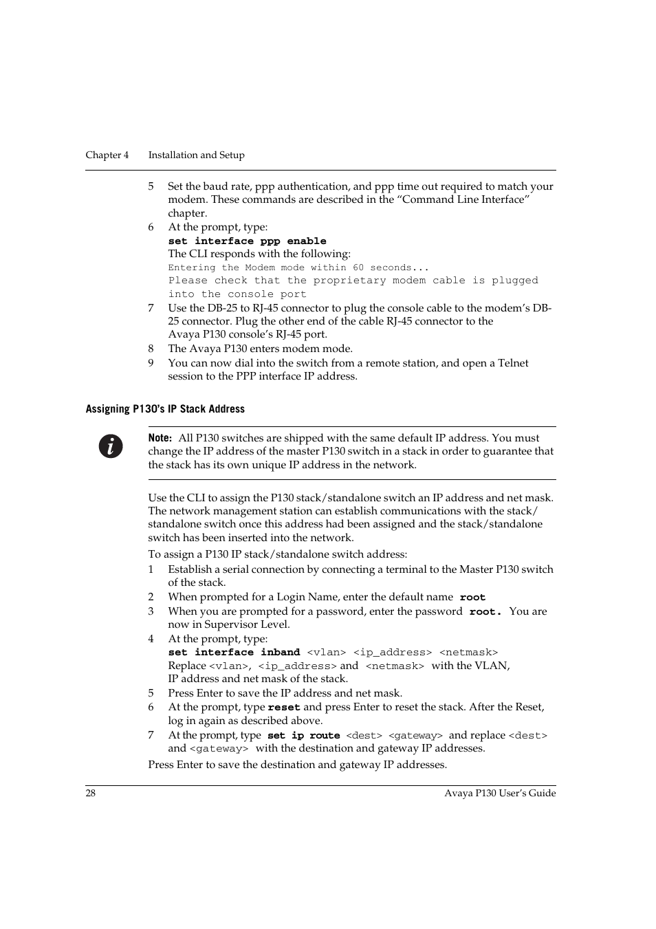 Assigning p130’s ip stack address | Avaya P130 User Manual | Page 42 / 160