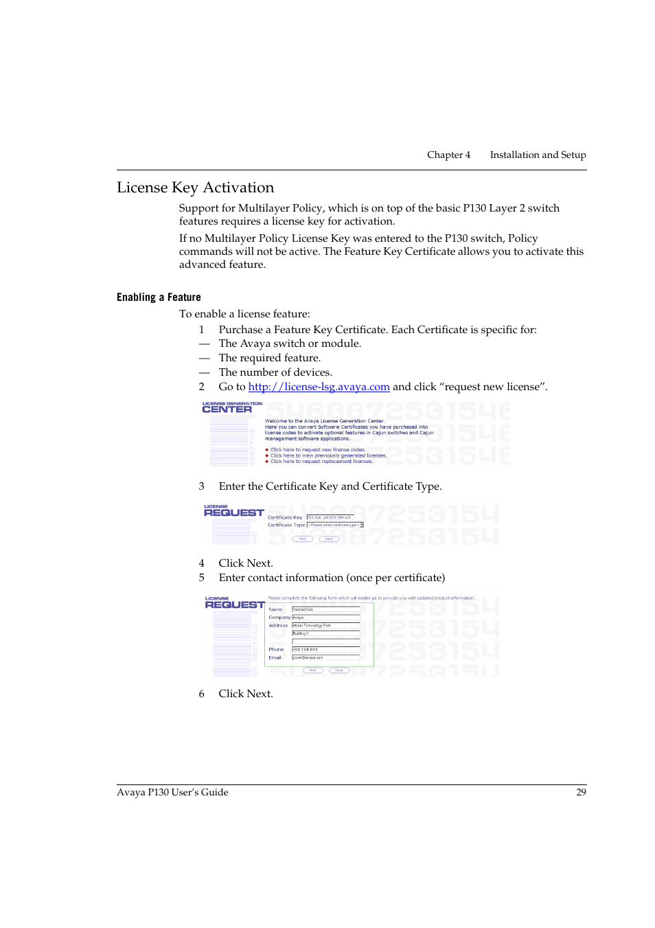 License key activation, Enabling a feature | Avaya P130 User Manual | Page 43 / 160