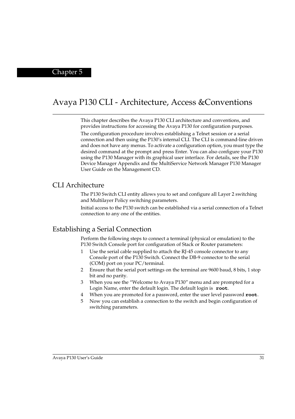 Avaya p130 cli - architecture, access &conventions, Cli architecture, Establishing a serial connection | Chapter 5 | Avaya P130 User Manual | Page 45 / 160
