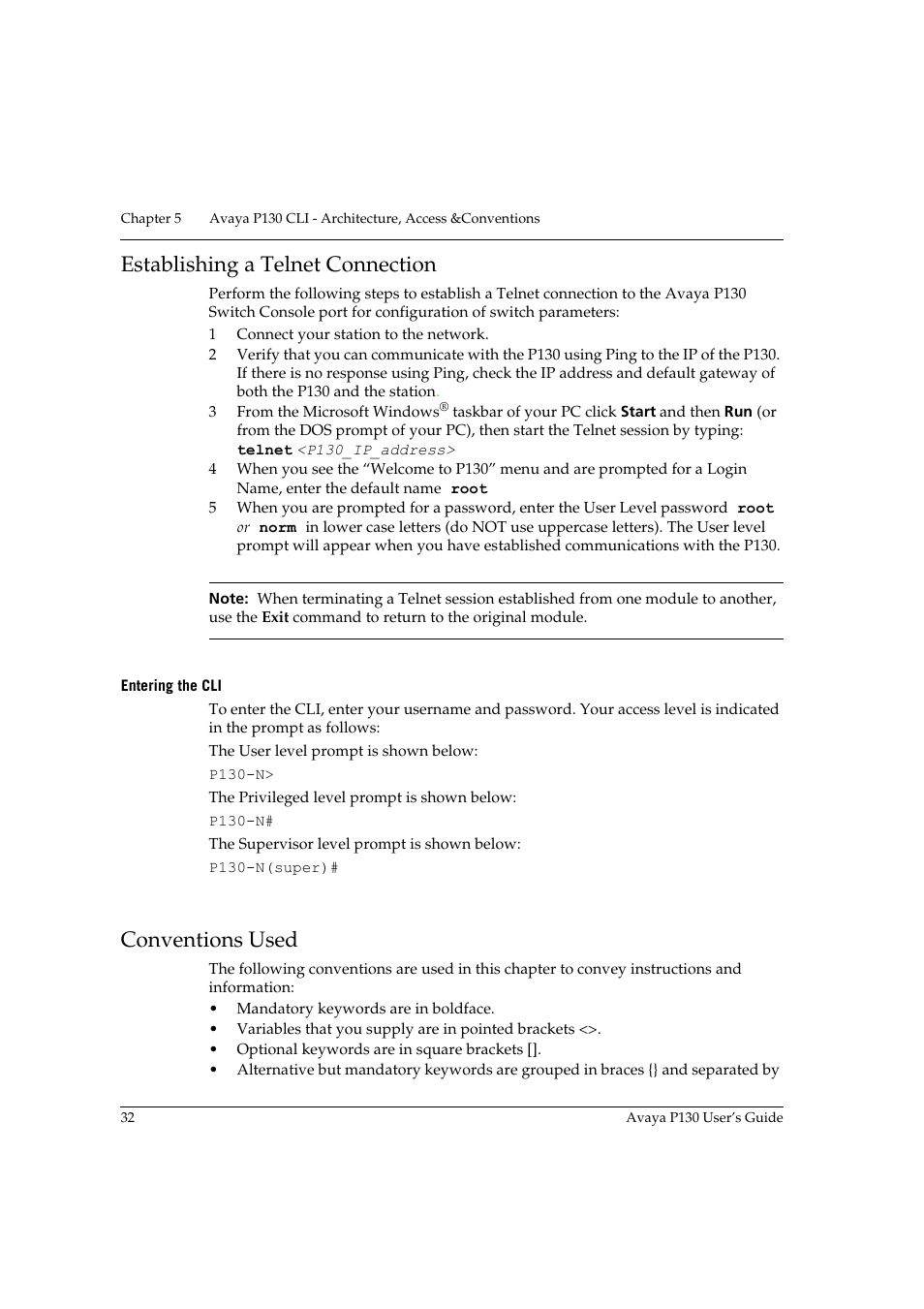 Establishing a telnet connection, Entering the cli, Conventions used | Avaya P130 User Manual | Page 46 / 160