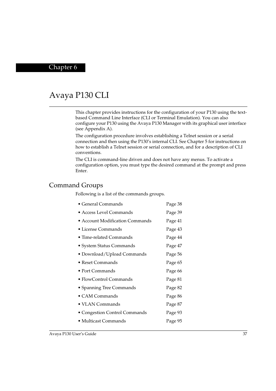 Avaya p130 cli, Command groups, Chapter 6 | Avaya p130 cli command groups | Avaya P130 User Manual | Page 51 / 160