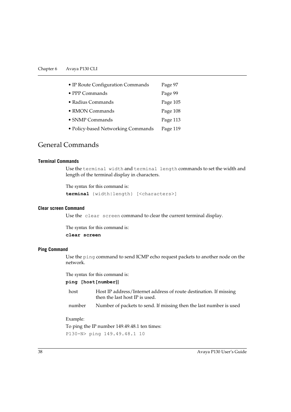 General commands, Terminal commands, Clear screen command | Ping command, Age 38 | Avaya P130 User Manual | Page 52 / 160