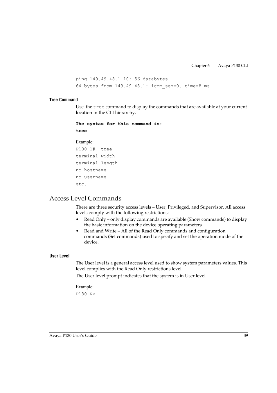 Tree command, Access level commands, User level | Age 39 | Avaya P130 User Manual | Page 53 / 160