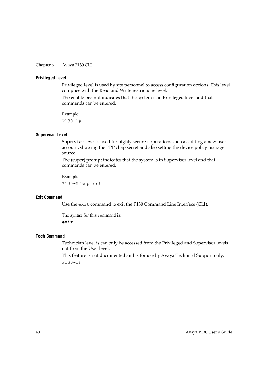 Privileged level, Supervisor level, Exit command | Tech command | Avaya P130 User Manual | Page 54 / 160