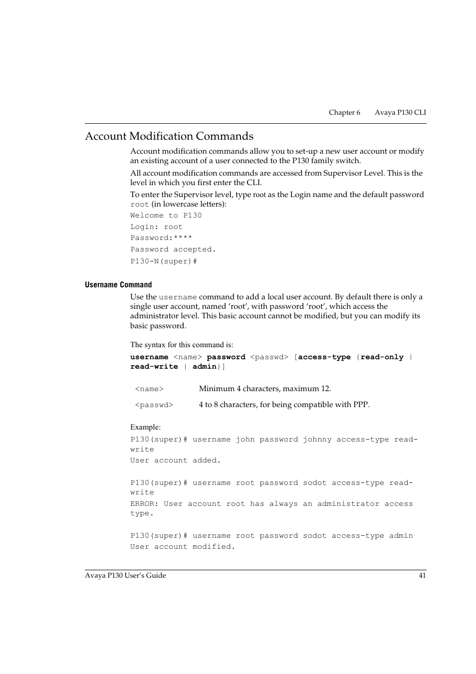 Account modification commands, Username command, Age 41 | Avaya P130 User Manual | Page 55 / 160