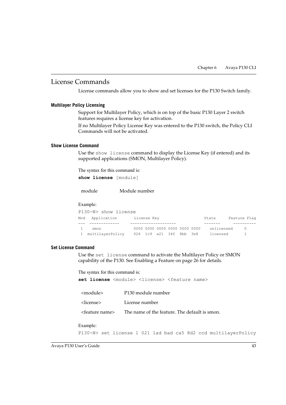 License commands, Multilayer policy licensing, Show license command | Set license command | Avaya P130 User Manual | Page 57 / 160