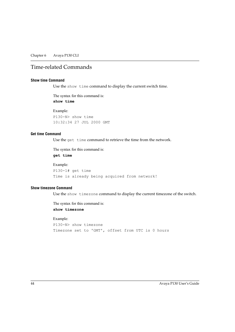 Time-related commands, Show time command, Get time command | Show timezone command, Age 44 | Avaya P130 User Manual | Page 58 / 160