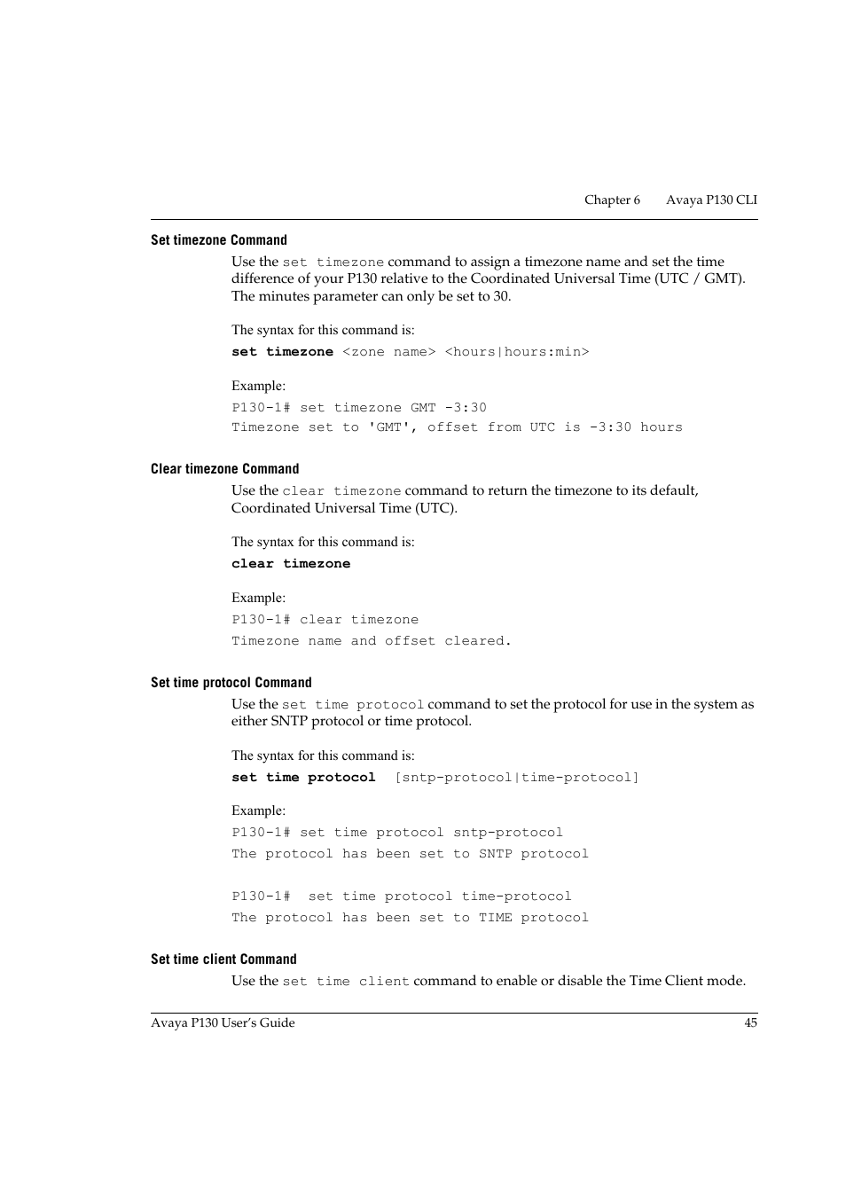 Set timezone command, Clear timezone command, Set time protocol command | Set time client command | Avaya P130 User Manual | Page 59 / 160