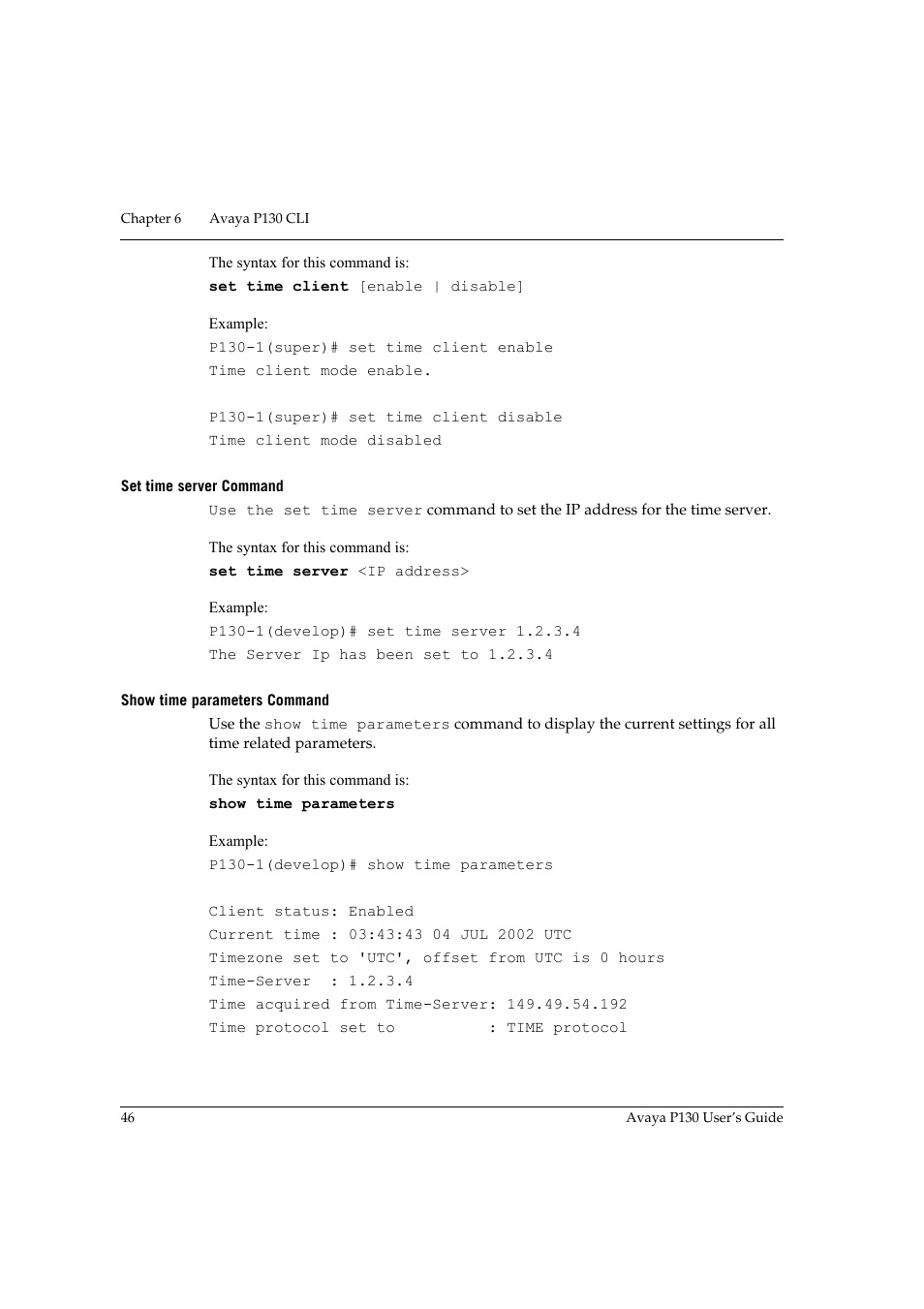 Set time server command, Show time parameters command | Avaya P130 User Manual | Page 60 / 160