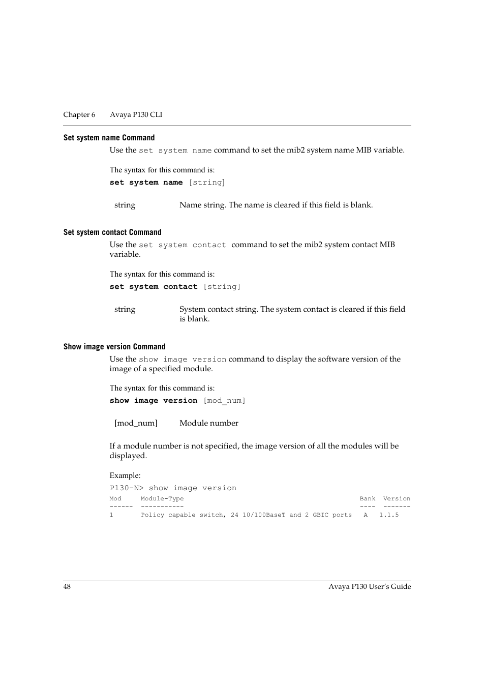 Set system name command, Set system contact command, Show image version command | Avaya P130 User Manual | Page 62 / 160