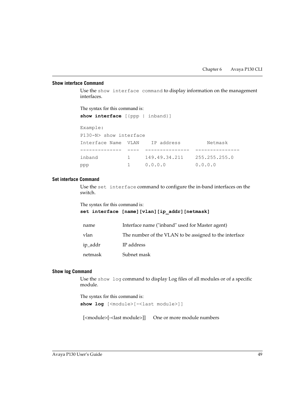 Show interface command, Set interface command, Show log command | Avaya P130 User Manual | Page 63 / 160