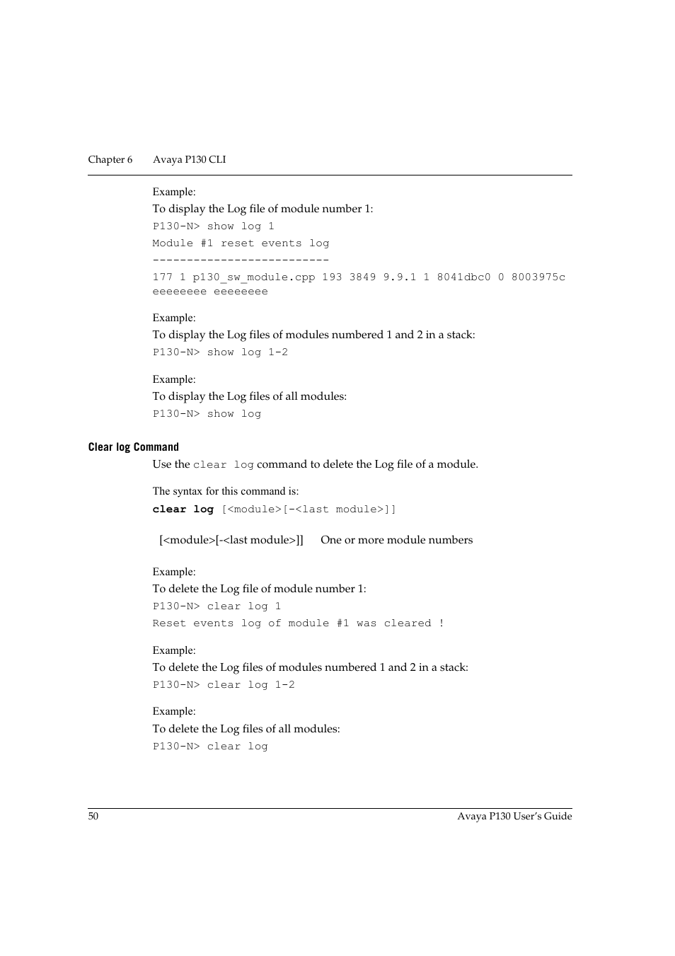 Clear log command | Avaya P130 User Manual | Page 64 / 160