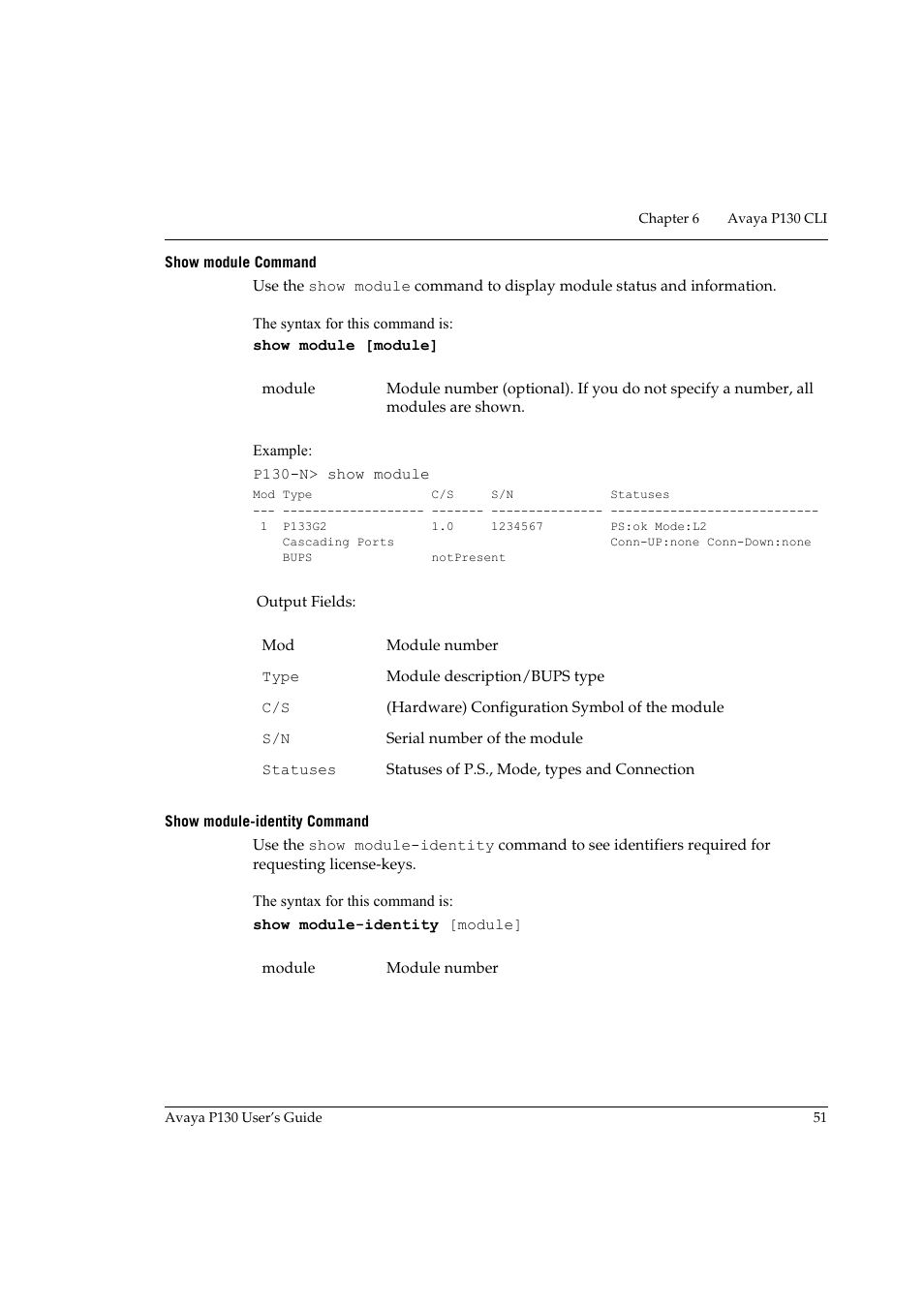 Show module command, Show module-identity command, Show module command show module-identity command | Avaya P130 User Manual | Page 65 / 160