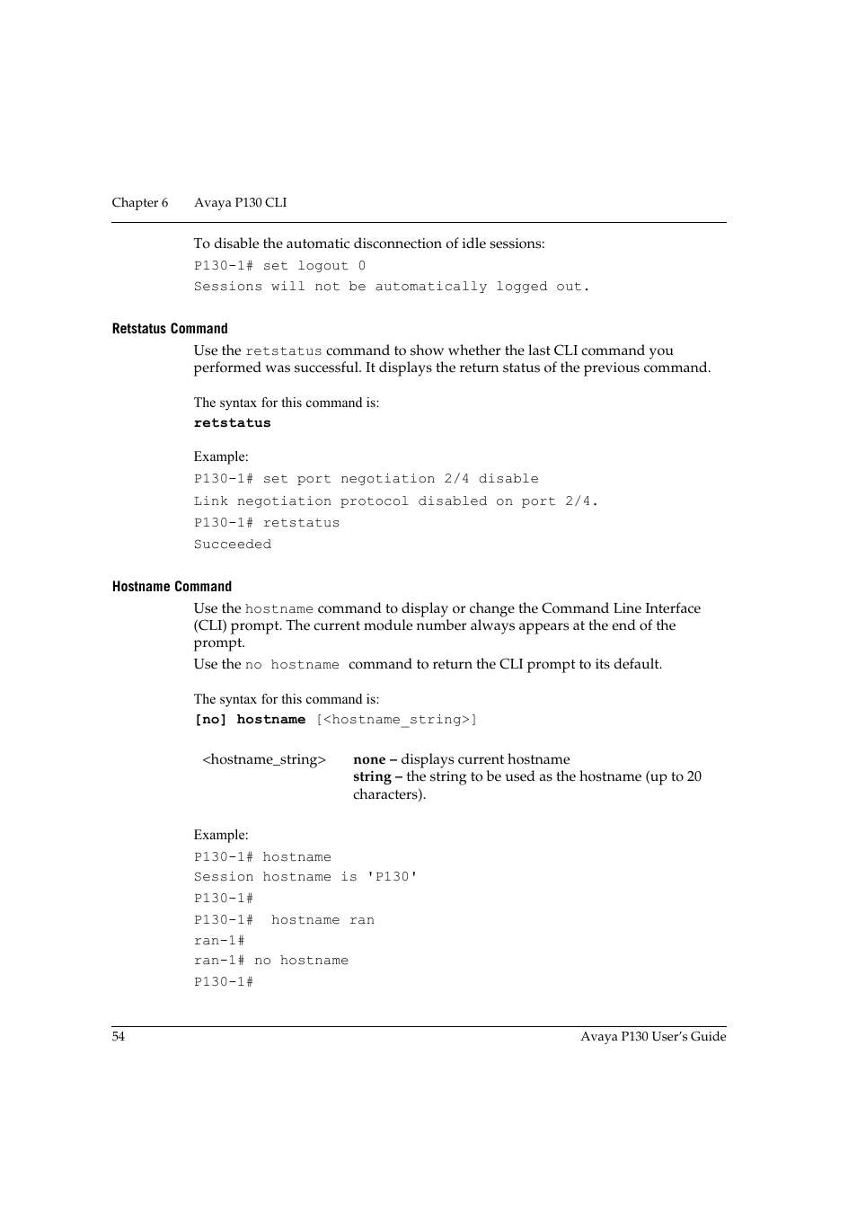 Retstatus command, Hostname command, Retstatus command hostname command | Avaya P130 User Manual | Page 68 / 160