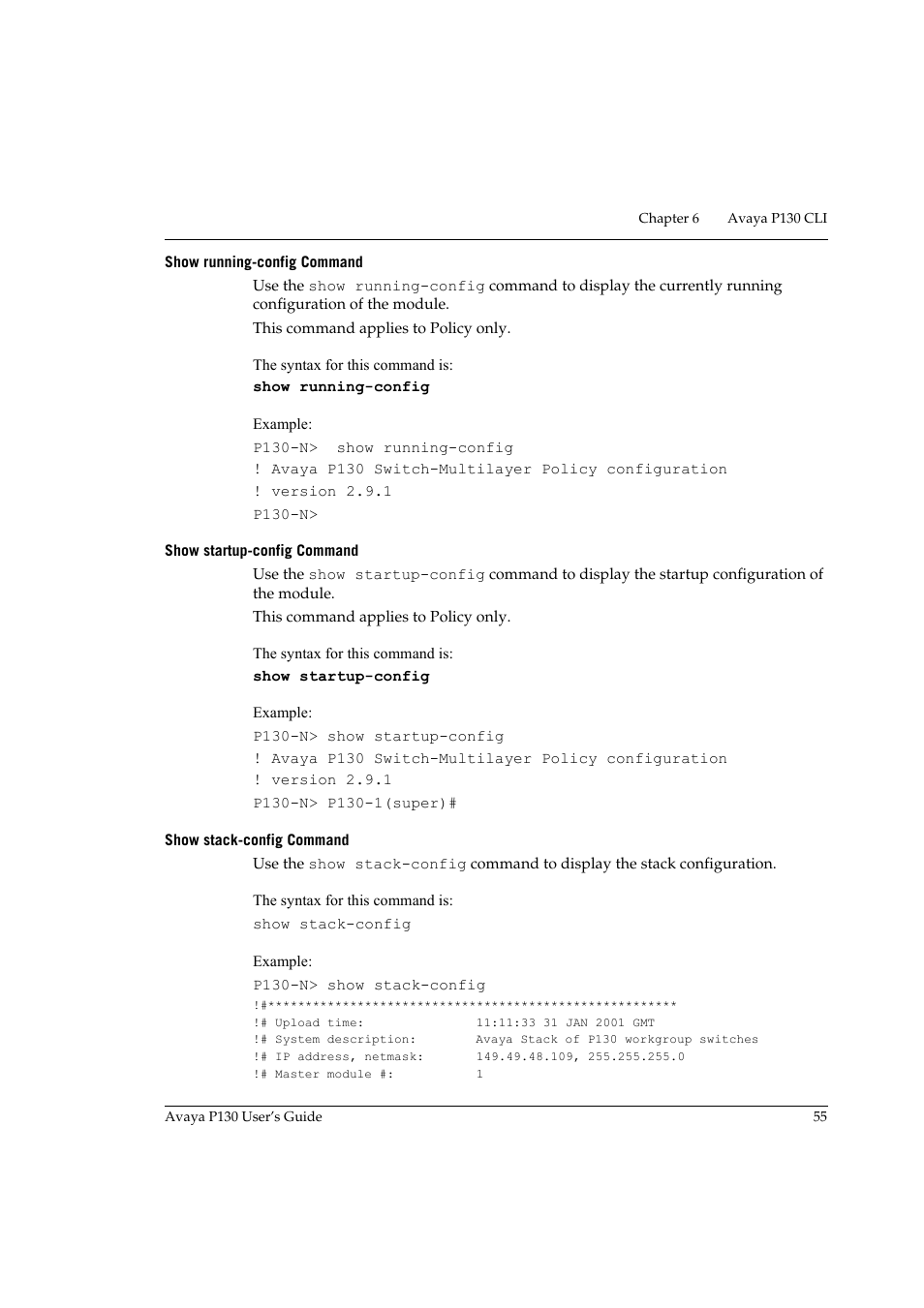 Show running-config command, Show startup-config command, Show stack-config command | Avaya P130 User Manual | Page 69 / 160