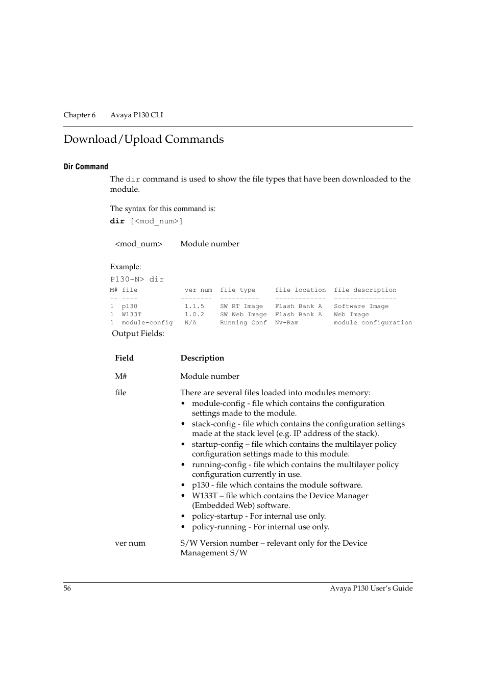 Download/upload commands, Dir command, Age 56 | Avaya P130 User Manual | Page 70 / 160